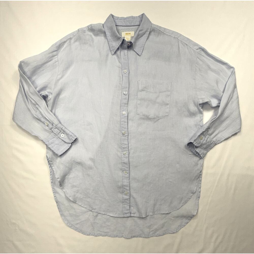 Anthropologie Maeve blue 100% linen button-down shirt oversized high-low hem - Picture 2 of 14